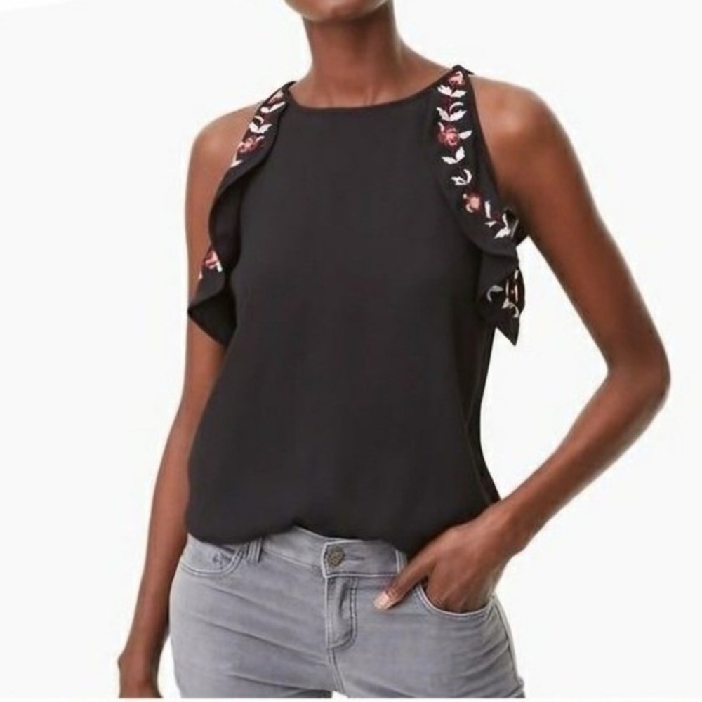LOFT Black Sleeveless Embroidered Floral Ruffle Tank Top Women's Size S